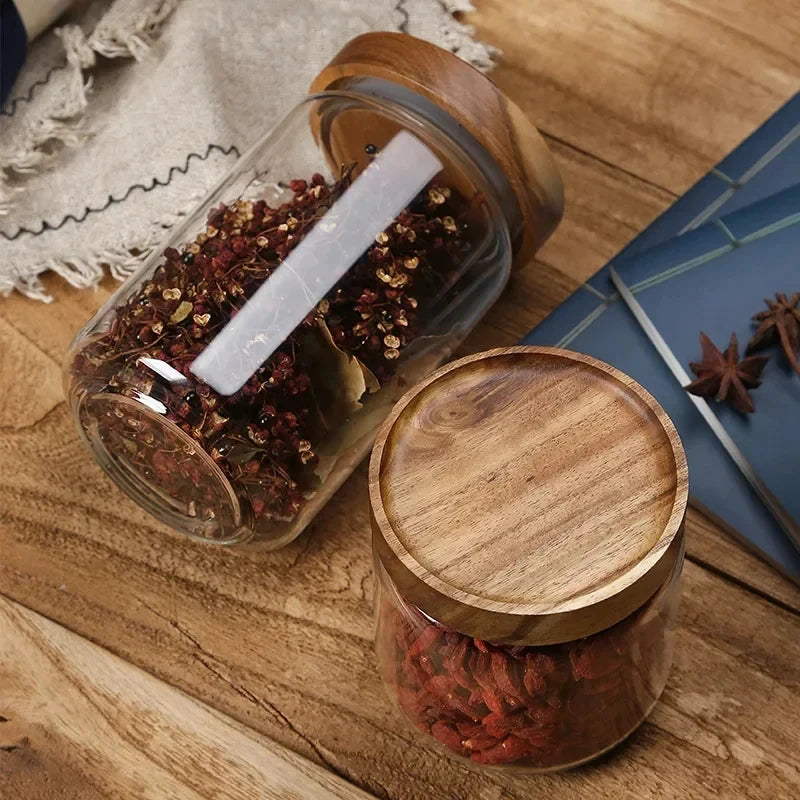 Tarro de Vidrio Hermético con Tapa de Madera – Almacenamiento para Cocina