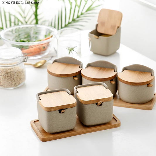 Modern Ceramic Seasoning Jar Set Sugar Salt Jar with Lid Large Capacity Food Storage Box Kitchen Container - 369 view
