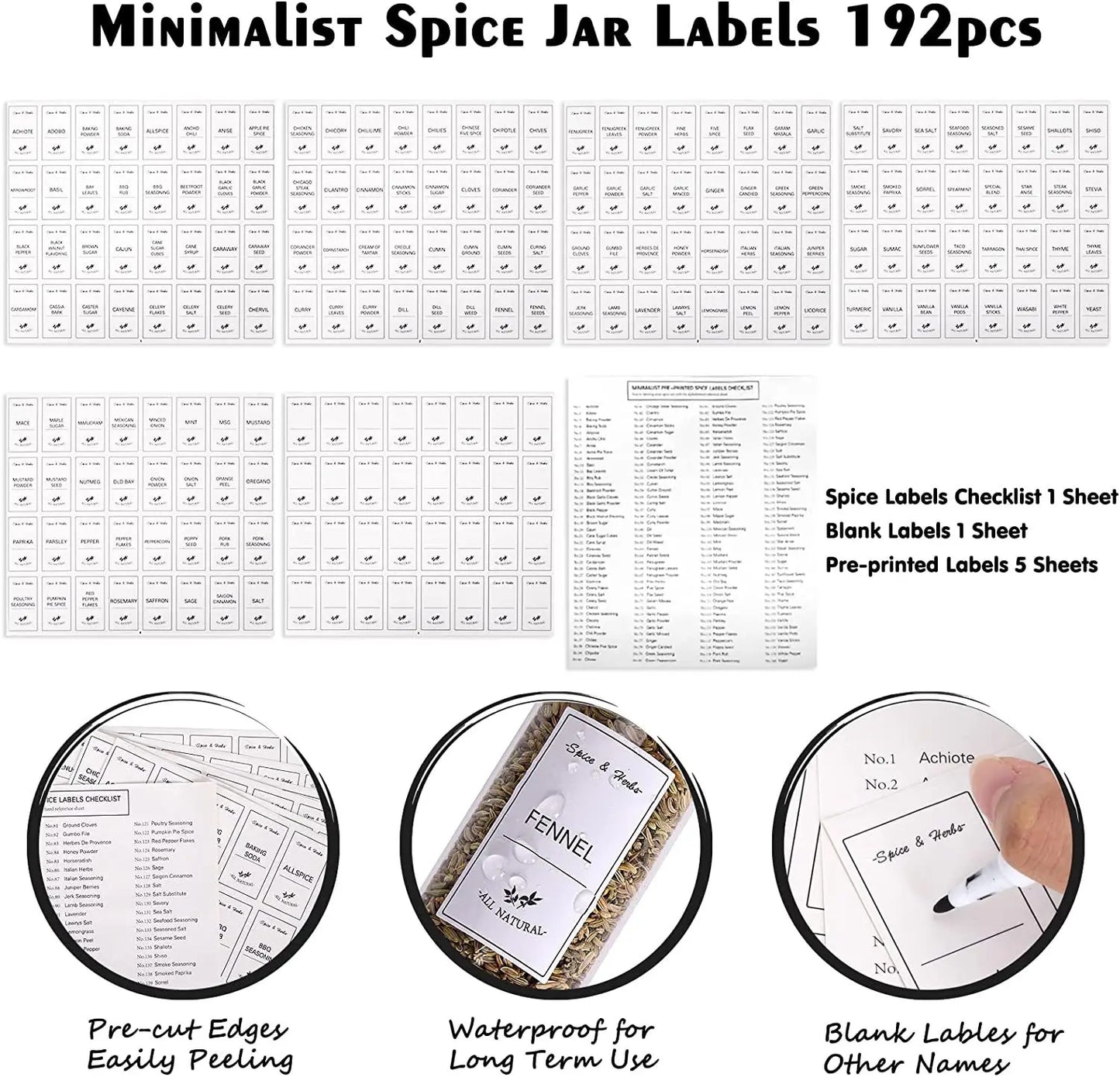 6pcs/set Kitchen Food Stickers Waterproof Food Spice Jar Label Seasoning Jar Sticker white