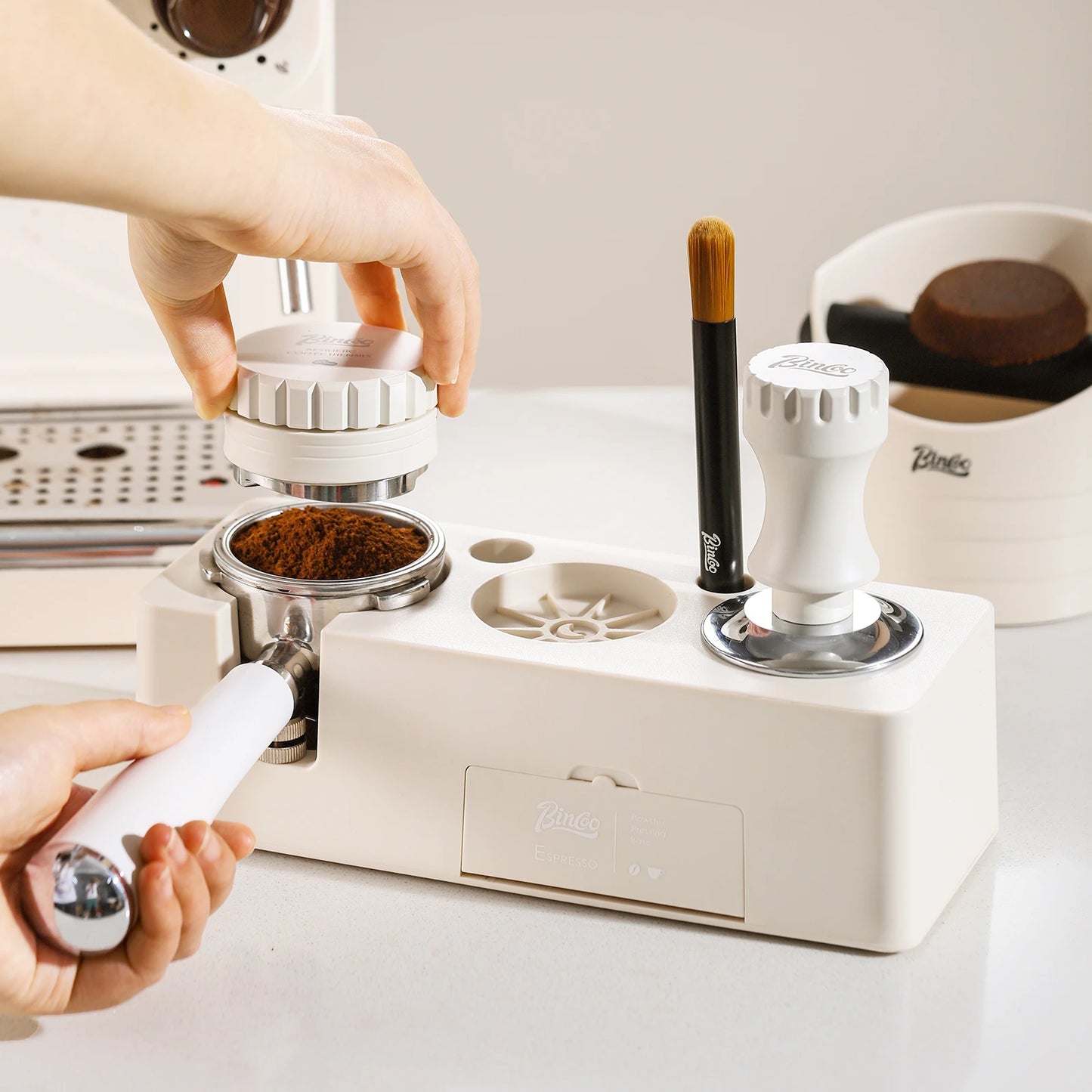 Bincoo Multifunction Espresso Tamper Station -Adjustable Height Distributor Organizer-Fit 51/54/58mm Plastic Coffee Station
