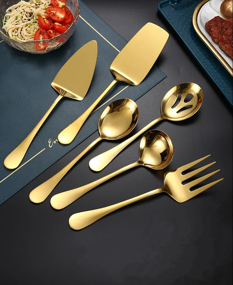 Stainless Steel Kitchenware Gold Serving Spoon Slotting Spoon Slotting Spatula Saucepan Soup Spoon Fork Kitchen Cooking Tool Set