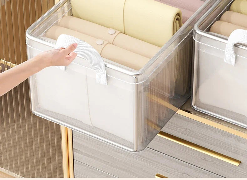 Cesta de Almacenamiento Transparente de PVC con Marco de Acero Inoxidable – Organizador Impermeable para Ropa y Armario