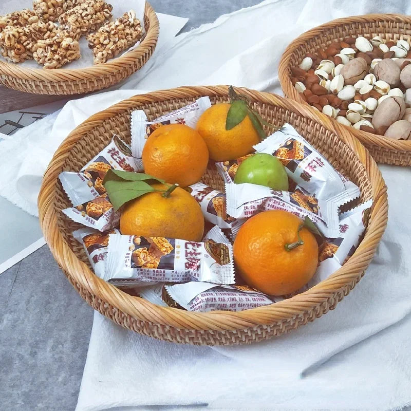 Cesta de mimbre redonda tejida a mano, fruta, merienda de té, pan, bandeja de Picnic, caja de almacenamiento de aperitivos, cesta de suministros de cocina, bandeja de fruta