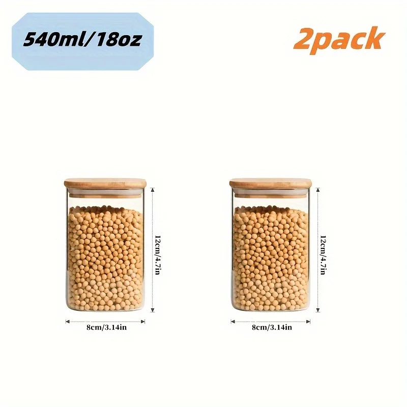 2/4 Pieces, 540Ml/1000Ml Glass Food Storage Jar with Bamboo Lid, Transparent Square Sealed Kitchen Storage Container Set, Stackable Glass Food Storage Jar for Kitchen Counters, Candies, Biscuits, Rice, Cereals