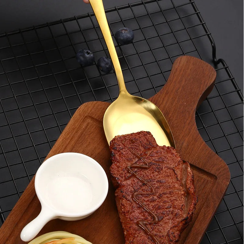 Golden Stainless Steel Food Service Spoon Large Rice Shovel Tableware Long Handle Square Spatula Kitchen Gadgets for Home - 369 view