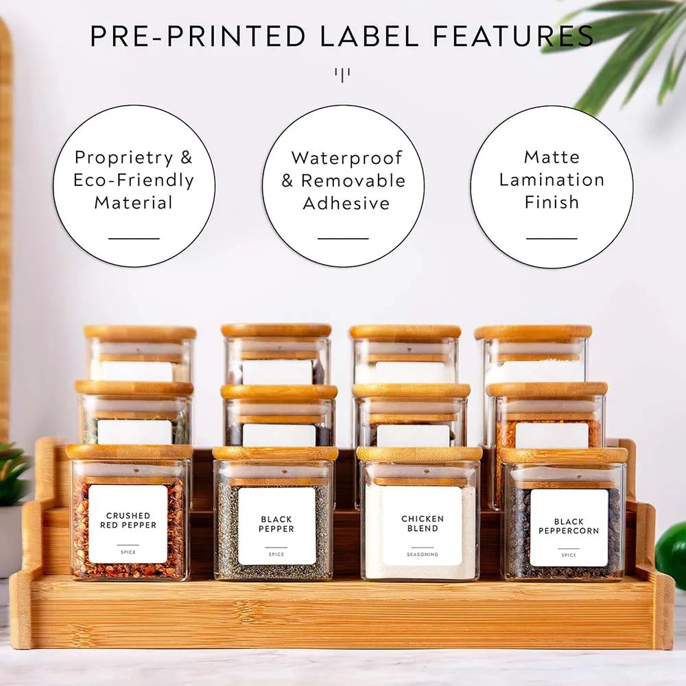 Set de Tarros de Vidrio de 5oz con Etiquetas – Tapas de Bambú y Diseño Cuadrado
