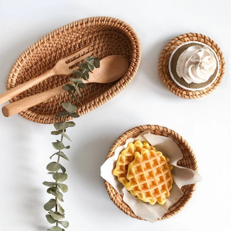 Cesta de mimbre redonda tejida a mano, fruta, merienda de té, pan, bandeja de Picnic, caja de almacenamiento de aperitivos, cesta de suministros de cocina, bandeja de fruta
