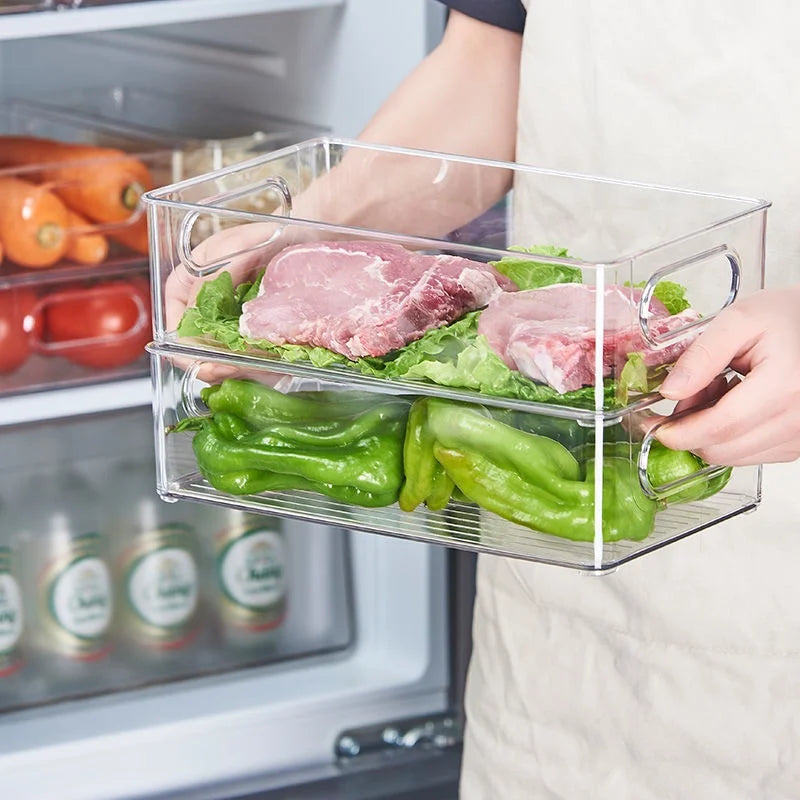 New Kitchen Refrigerator Organizer Bin Clear Pantry Organizer Plastic Food Storage Fridge Storage Box with Divider Freezer