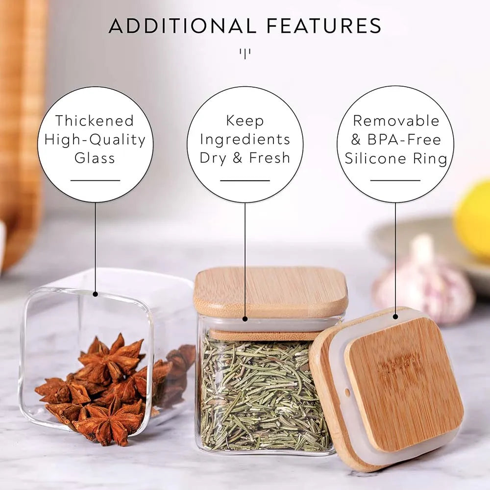 Set de Tarros de Vidrio de 5oz con Etiquetas – Tapas de Bambú y Diseño Cuadrado