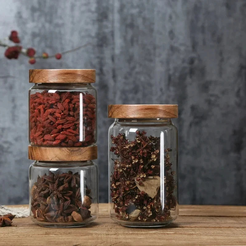 Tarro de Vidrio Hermético con Tapa de Madera – Almacenamiento para Cocina