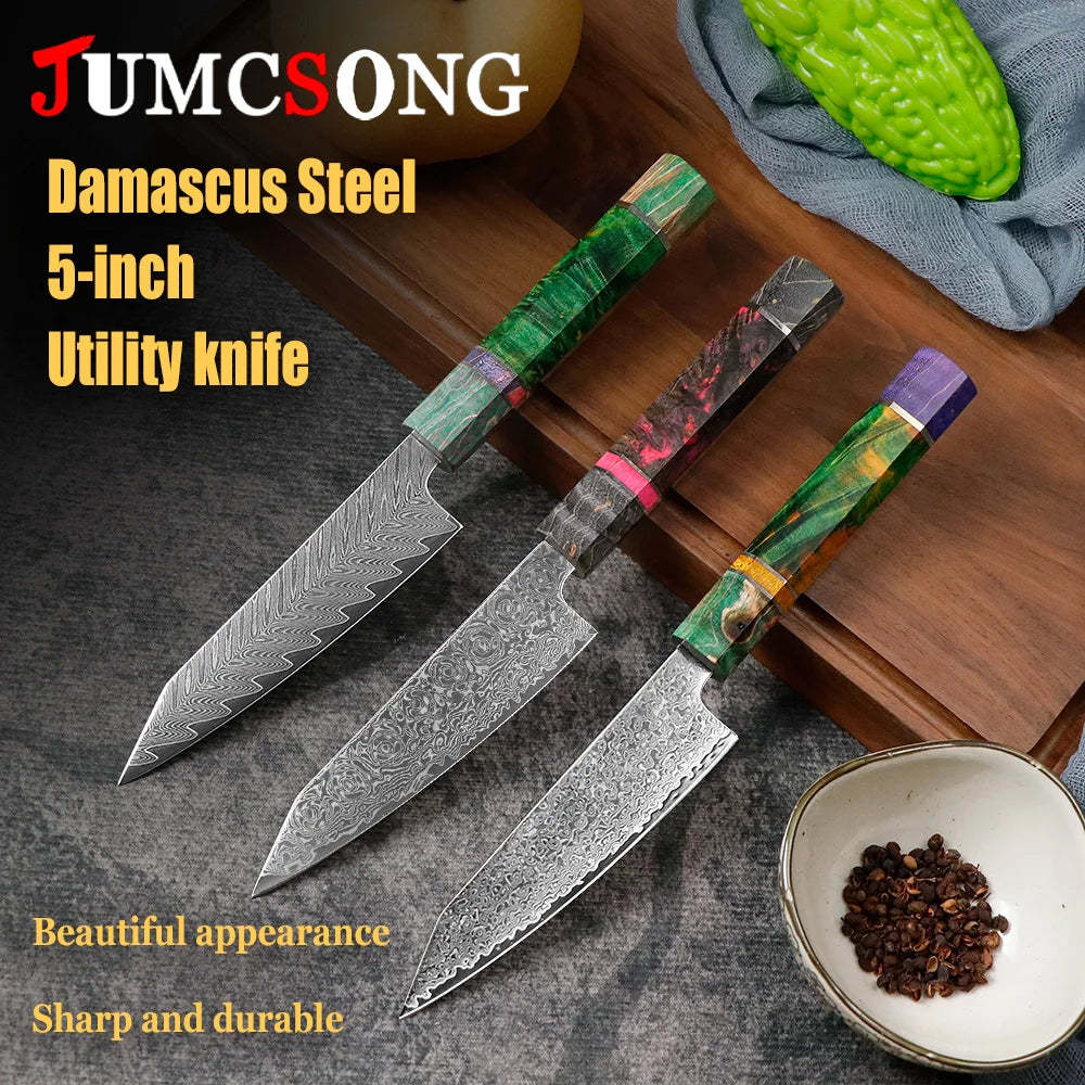 JUMCSONG 5-inch Utility Knife 67 layer Damascus Steel Fruit Knife VG10 Core Peeling Knife stable wooden handle kitchen knife
