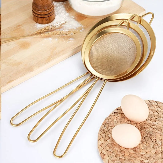 1pc Stainless steel colander kitchen bakery gold strainer with hook oil scoop soybean milk juice rice milk filter flour screen - 369 view