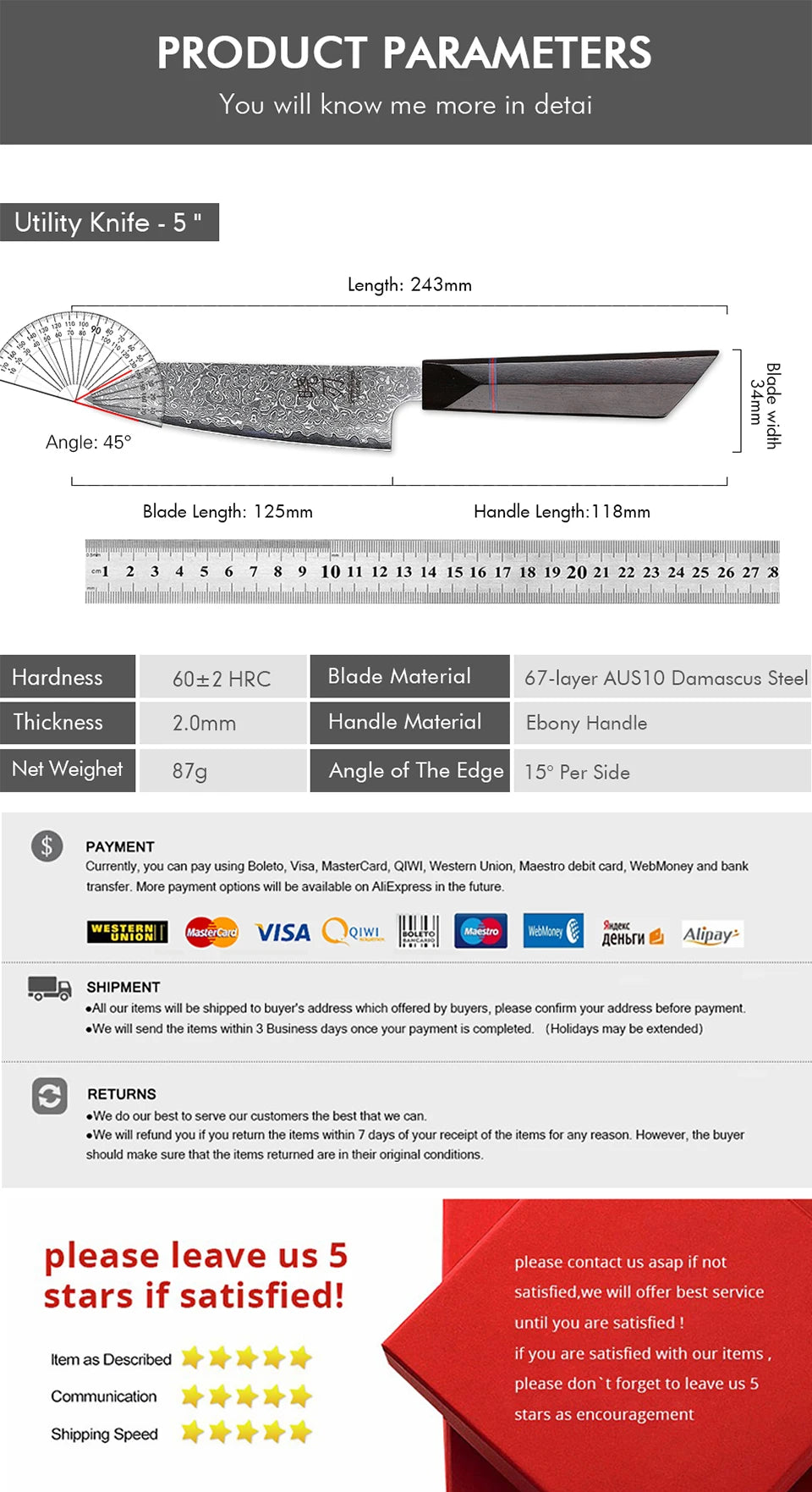 5" Utility Knife Damascus Professional Japanese Chef Knives Kitchen Cut Peeling Paring Fruit Vegetable Meat Slicer Cooking Tools