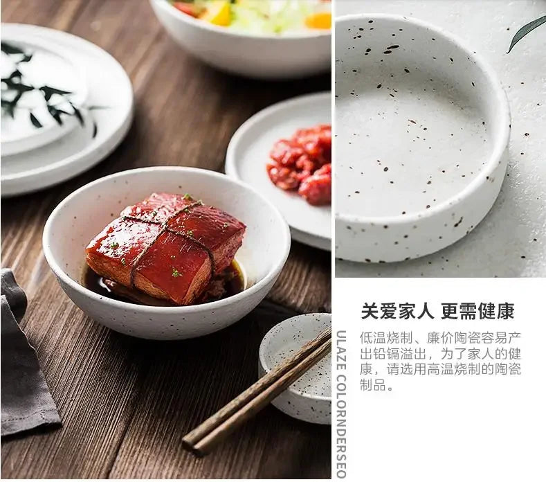 Juego de Vajilla Japonesa – Platos y Tazones con Diseño de Puntos de Tinta