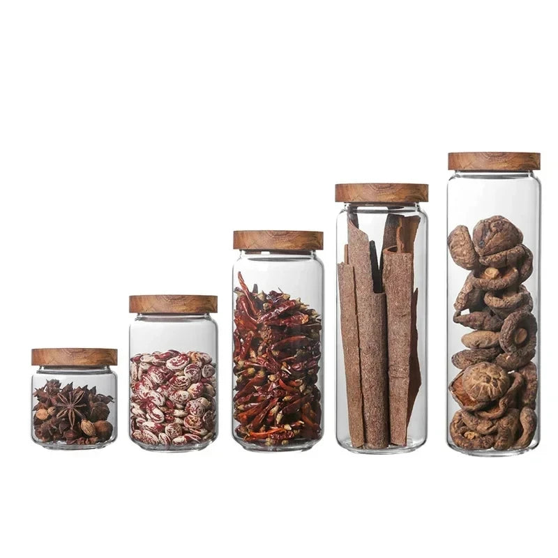 Tarro de Vidrio Hermético con Tapa de Madera – Almacenamiento para Cocina