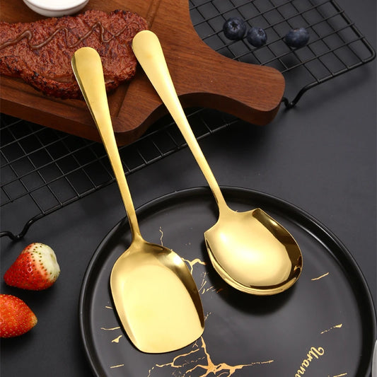 Golden Stainless Steel Food Service Spoon Large Rice Shovel Tableware Long Handle Square Spatula Kitchen Gadgets for Home - 369 view
