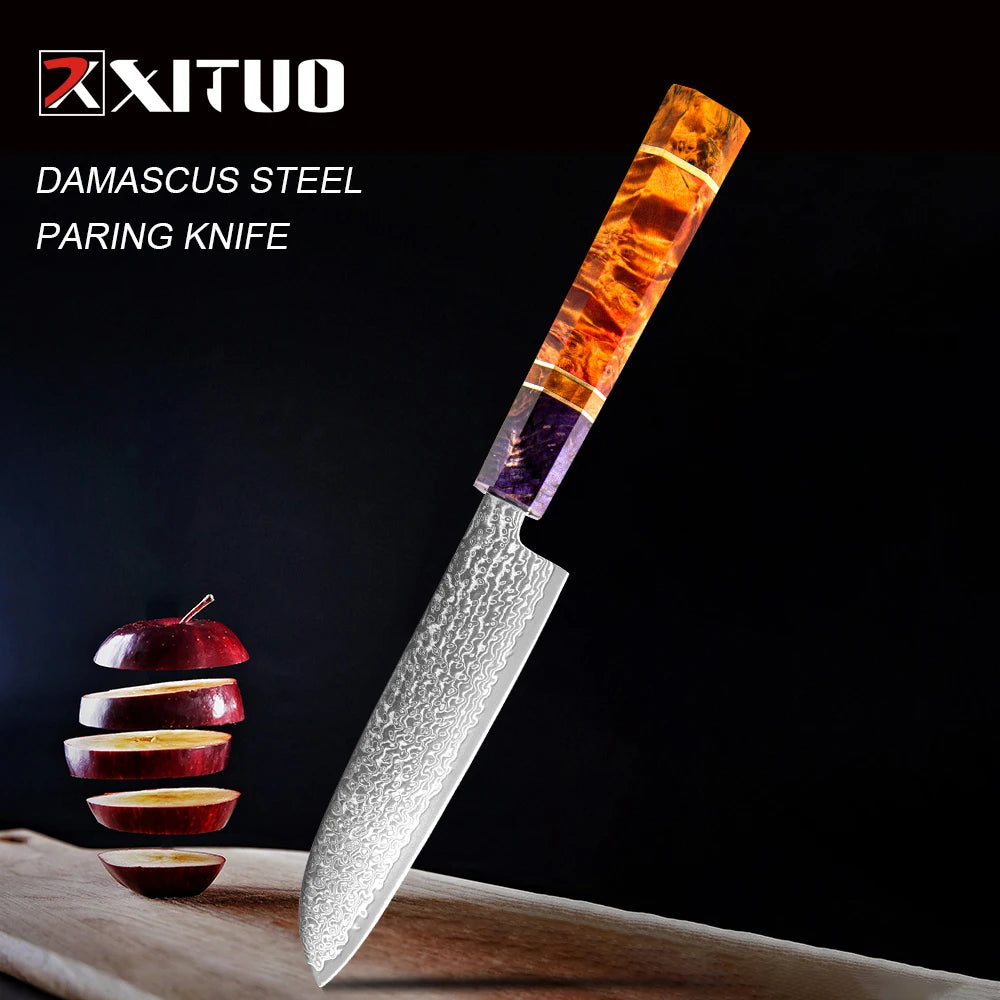 XITUO 5"inch Santoku Knife Damash Leather Stainless Steel Sharp Paring Knife Kitchen Peeling Chef Professional Utility Multi New