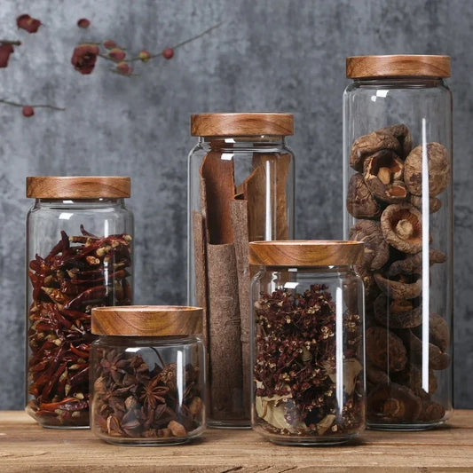 Tarro de Vidrio Hermético con Tapa de Madera – Almacenamiento para Cocina