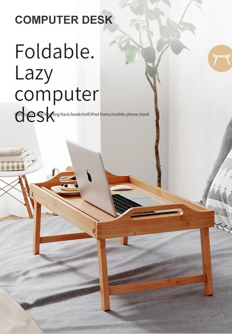 Bandeja de madera de bambú para el hogar, escritorio portátil plegable para ordenador portátil, mesa para servir té y comida, patas plegables, escritorio para ordenador portátil en la cama