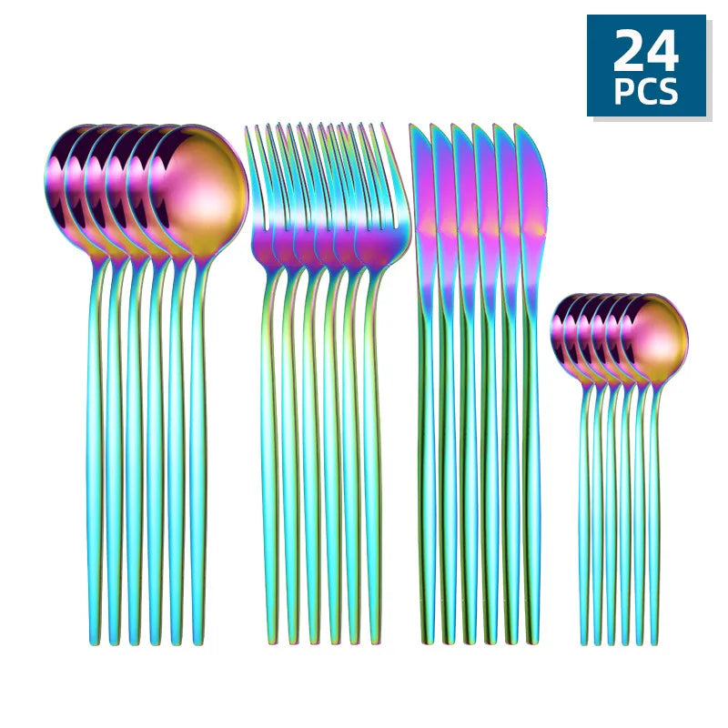 24Pcs Stainless Steel Golden Cutlery, Silverware Set Mirror Flatware Western Cutlery Set Dinning Kitchen Dinning Tableware