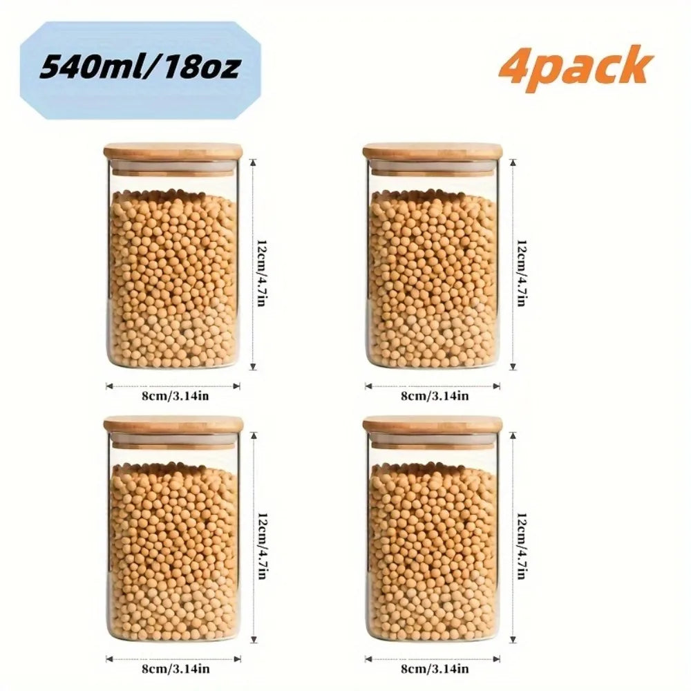 2/4 Pieces, 540Ml/1000Ml Glass Food Storage Jar with Bamboo Lid, Transparent Square Sealed Kitchen Storage Container Set, Stackable Glass Food Storage Jar for Kitchen Counters, Candies, Biscuits, Rice, Cereals