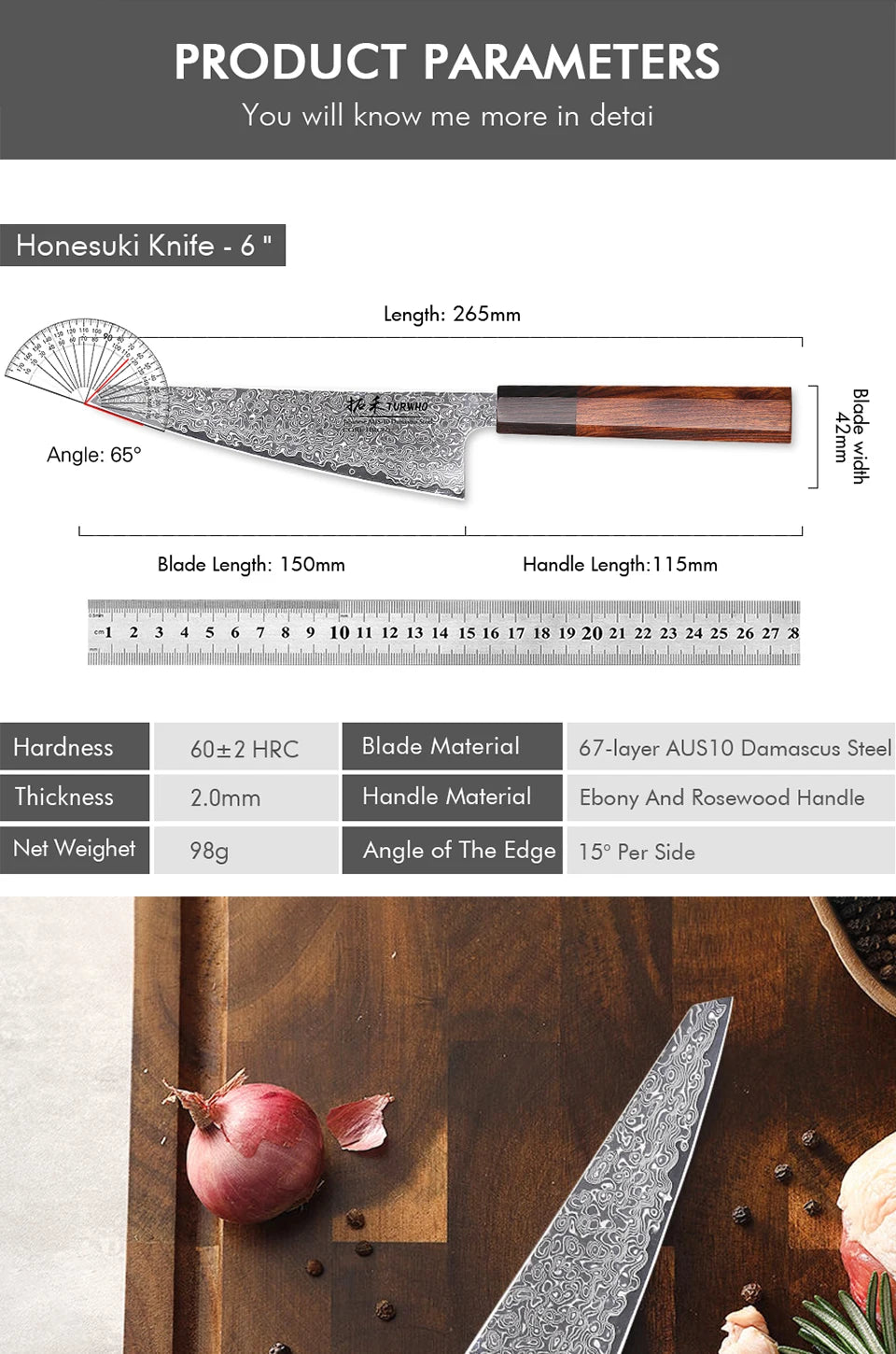 TURWHO 6" Japanese Hand Forged Honesuki Chef Knife Damascus Steel Professional Kitchen Knives Sharp Utility Boning Cooking Tools