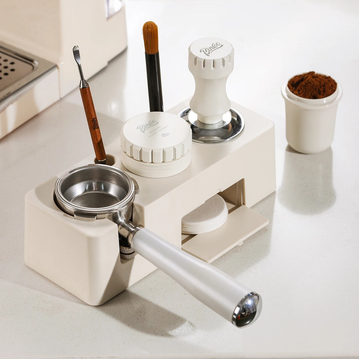 Bincoo Multifunction Espresso Tamper Station -Adjustable Height Distributor Organizer-Fit 51/54/58mm Plastic Coffee Station