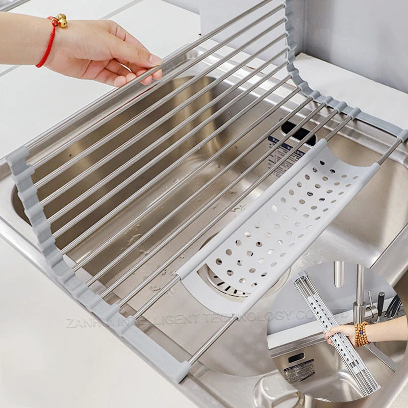 Foldable Stainless Steel Dish Drainer Roll Up Dish Drying Rack Shelf Kitchen Sink Holder Organizer Bowl Tableware Plate Storage