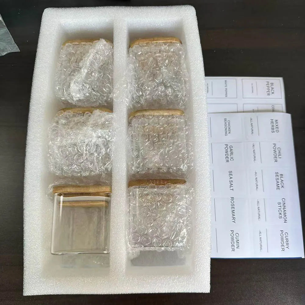 Set de Tarros de Vidrio de 5oz con Etiquetas – Tapas de Bambú y Diseño Cuadrado