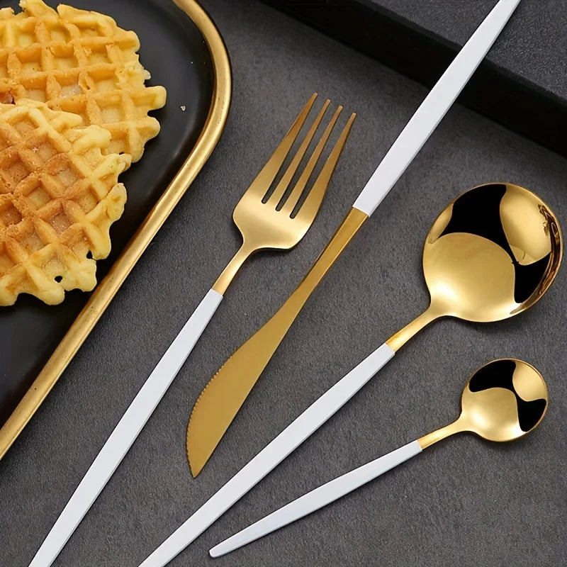 24Pcs Stainless Steel Golden Cutlery, Silverware Set Mirror Flatware Western Cutlery Set Dinning Kitchen Dinning Tableware