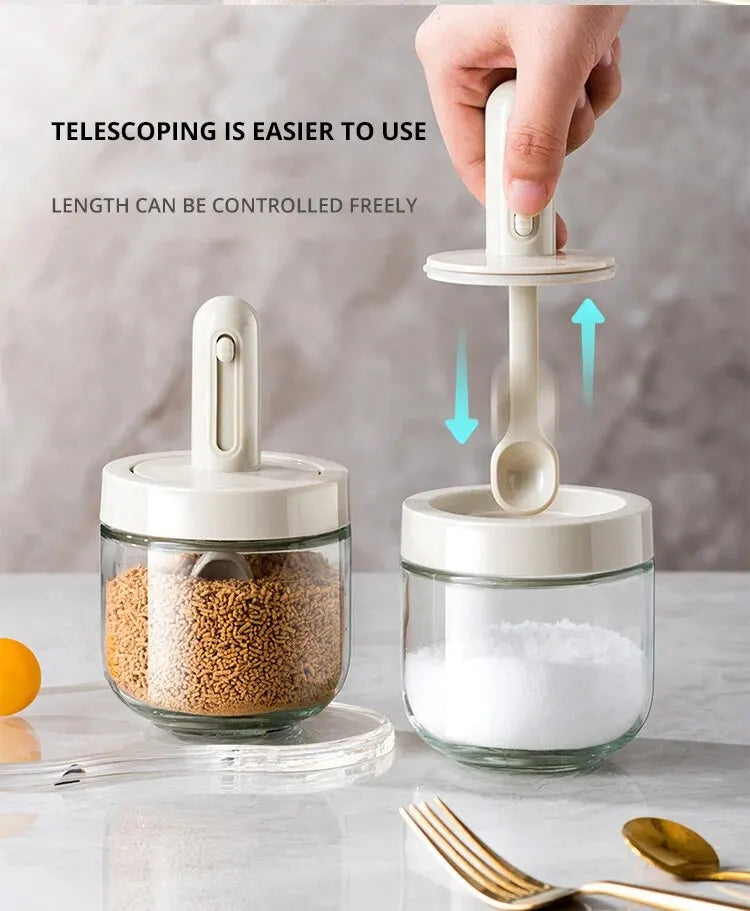 1pc Glass Seasoning Bottle With Telescopic Spoon Household Kitchen Salt Storage Box Leak Proof and Moisture-proof
