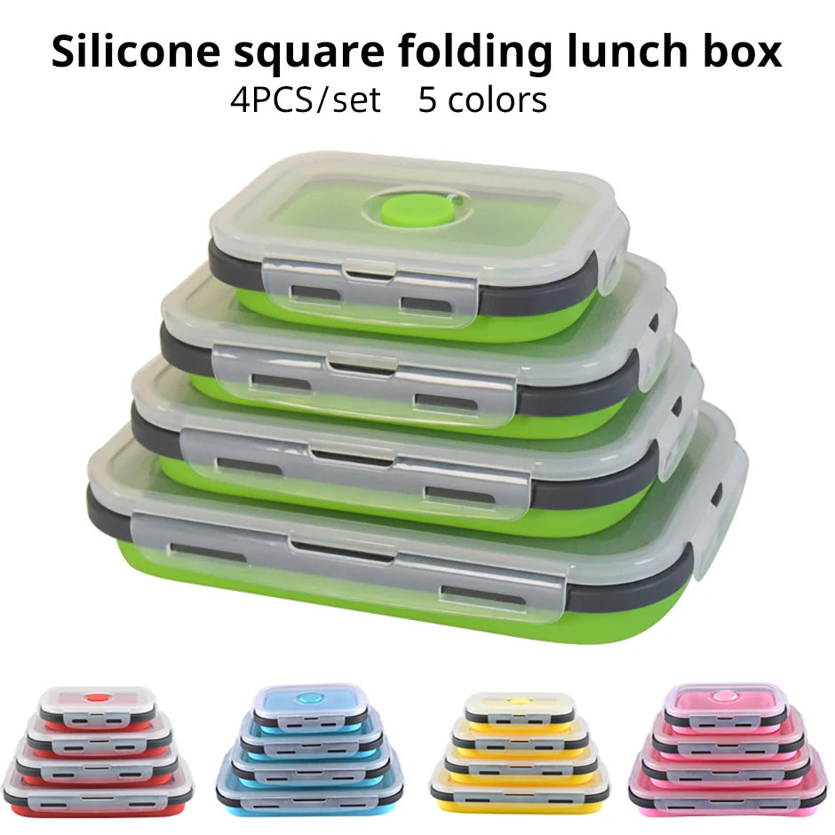 1 PCS Silicone Folding Lunch Box Food Grade Square Portable Microwave Oven Lunch Box Outdoor Travel Picnic Preservation Box