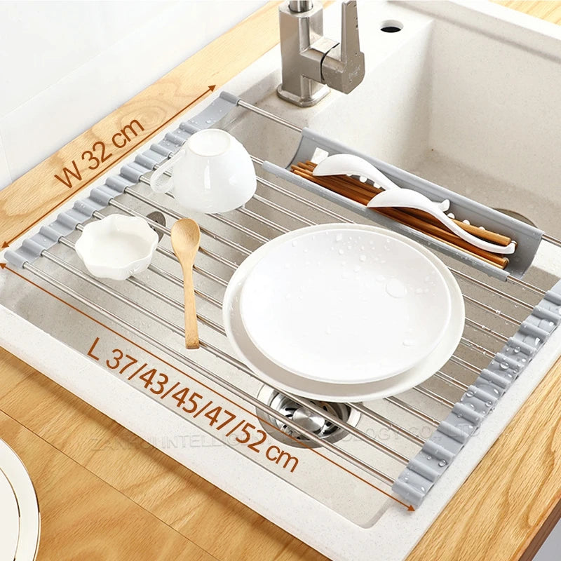Foldable Stainless Steel Dish Drainer Roll Up Dish Drying Rack Shelf Kitchen Sink Holder Organizer Bowl Tableware Plate Storage