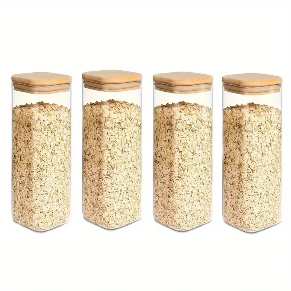 2/4 Pieces, 540Ml/1000Ml Glass Food Storage Jar with Bamboo Lid, Transparent Square Sealed Kitchen Storage Container Set, Stackable Glass Food Storage Jar for Kitchen Counters, Candies, Biscuits, Rice, Cereals