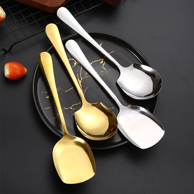 Golden Stainless Steel Food Service Spoon Large Rice Shovel Tableware Long Handle Square Spatula Kitchen Gadgets for Home - 369 view
